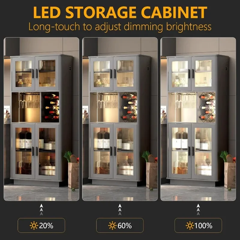 LVSOMT LED Wine Bar Cabinets with Removable Wine Rack, Bar Cabinets for Liquor with Light Motion Sensor, Kitchen Cabinet Storage