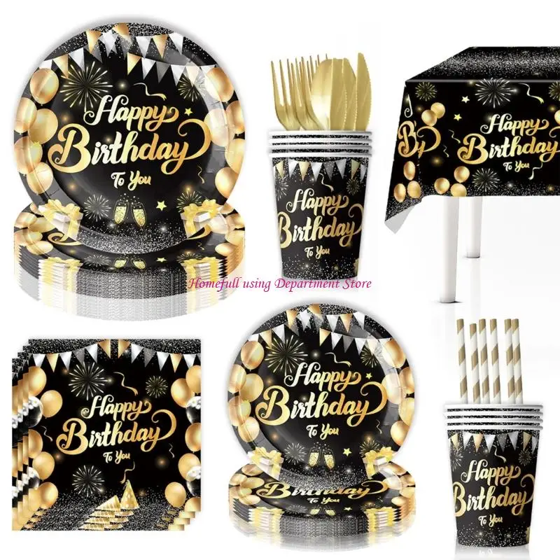 

Elegant Black Gold Brilliants Patterned Paper Plates Cups Cutlery User Friendly Disposable Tableware For Celebration