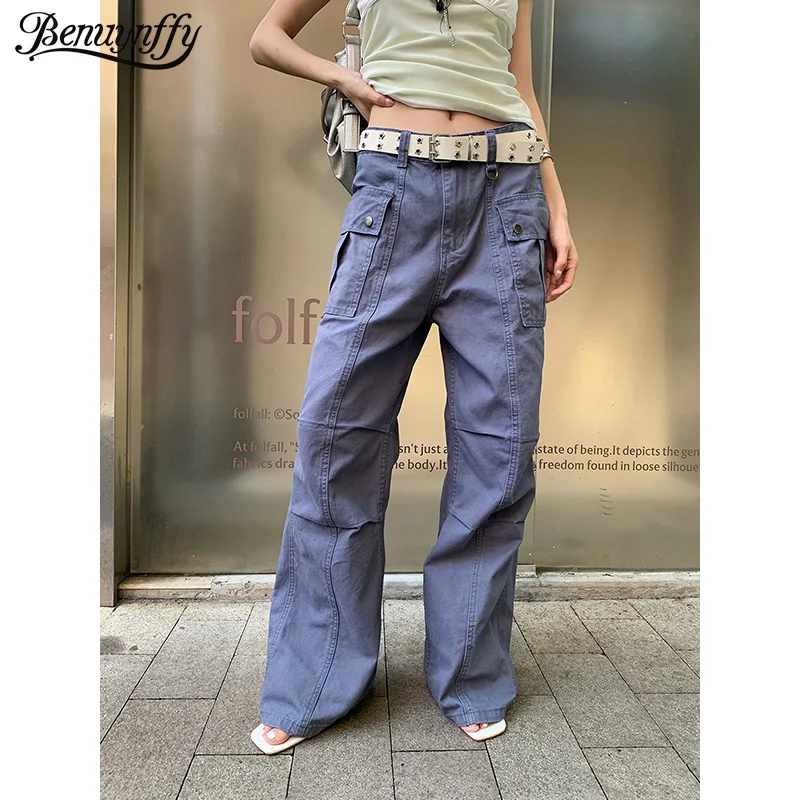 Benuynffy American Retro Multi Pocket Cargo Pants Women 2026 Summer New Y2k Streetwear Mid Waisted Loose Straight Leg Pants