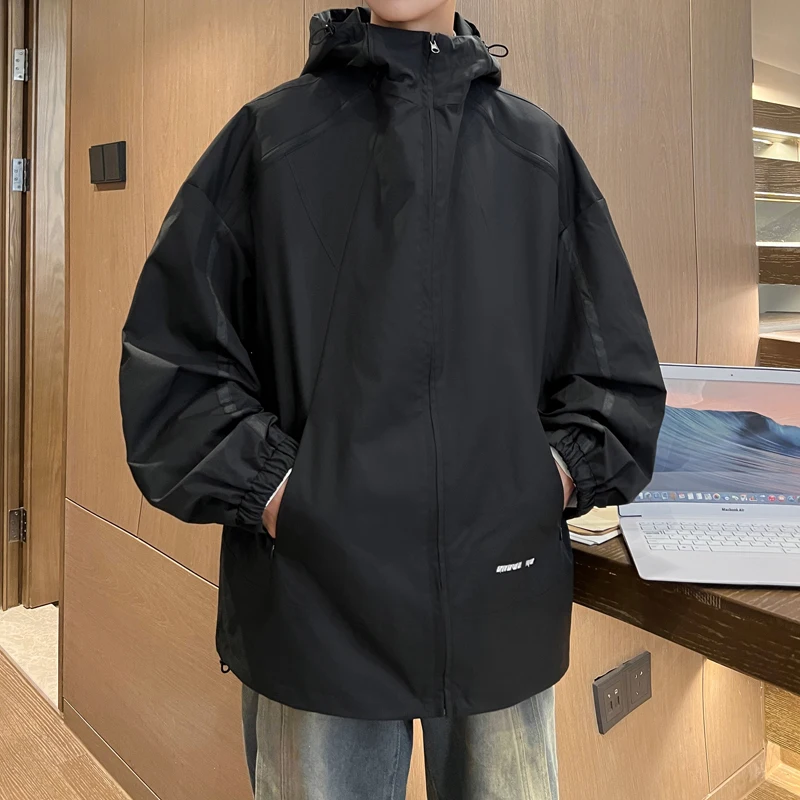 

Мужская ветрозащитная куртка для активного отдыха с капюшоном, рабочая одежда, весенне-осенняя модная куртка на молнии, свободный крой, молодежный тренд