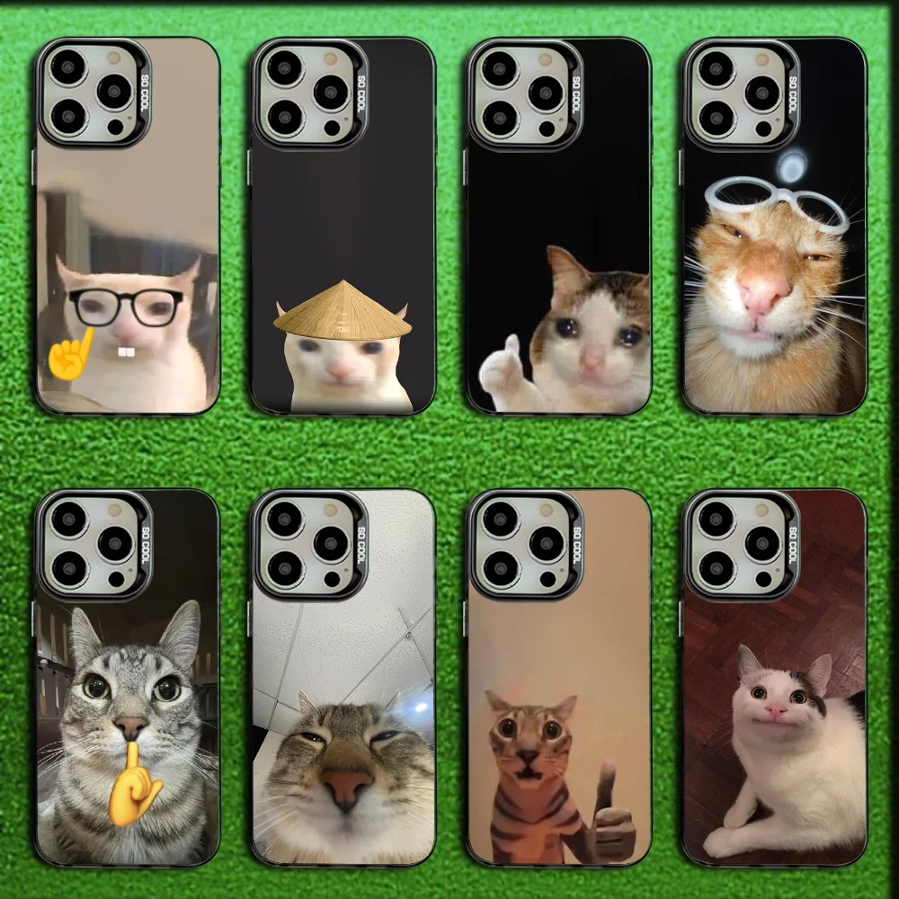 

Cute Funny Cat Meme Phone Case For iPhone 16,15,14,13,12,11,Mini,Pro,MAX Gray Matte Silicone Black Cover