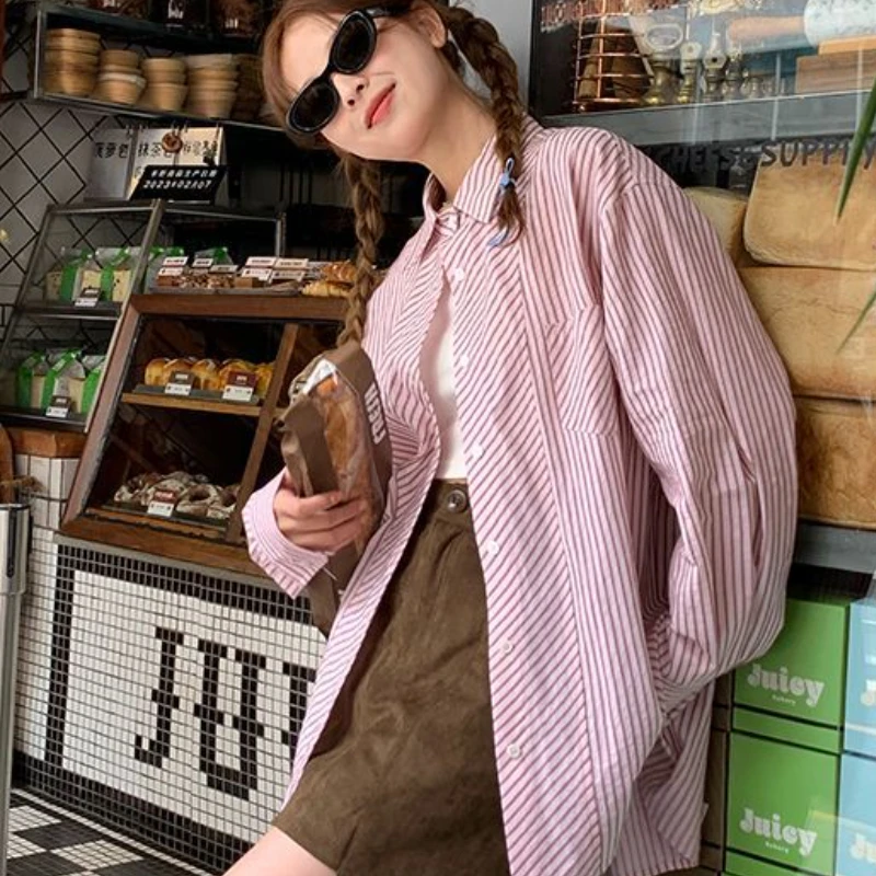 Red Striped Shirts Women Baggy Preppy Style Casual All-match Sweet New Korean  College Girls Harajuku Simple Popular Spring