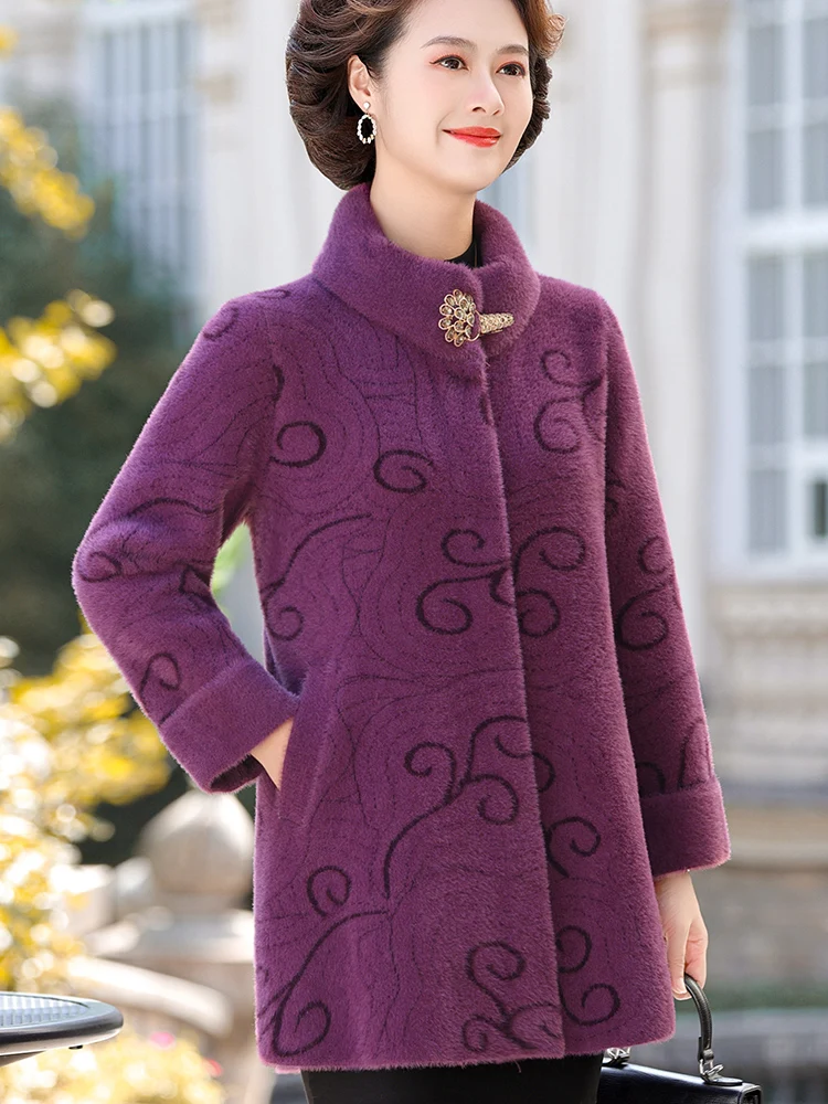 Casaco de Visom Faionável Outono Inverno 2025 para Mães de Meia-Idade e Idosas com Gola Alta e Fechamento de Botão Único Es...