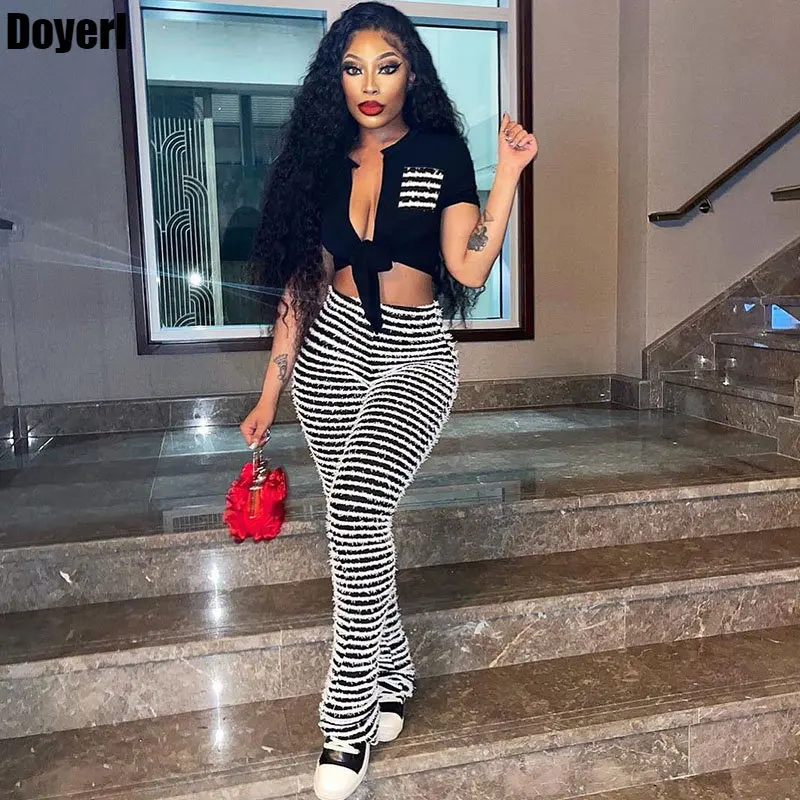 

Striped Print 2 Piece Sets Women Outfit Pocket Crop Top and Pants Sport Suit Casual Fitness Tracksuit Conjunto Moletom Feminino