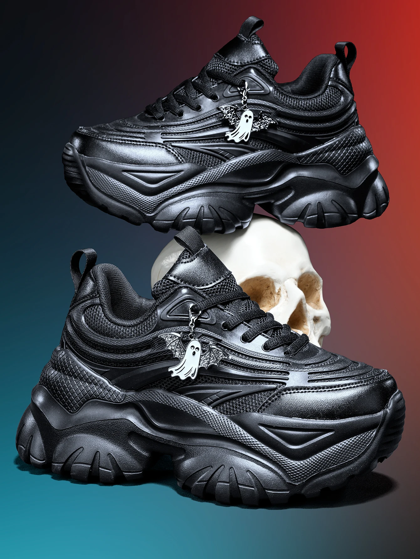 Women's 2026 New Sweet-Cool Y2K Dark Gothic Style Thick-Soled 7cm Height-Increasing Dad Shoes, High Street Fashion Theme, Versatile Casual Black Sneakers, with Three-Dimensional Design and Breathable Mesh Upper, Featuring Detachable Silver Ghost Metal Charms, Round Toe Lace-Up Design, Eva Non-Slip Wavy Outsole for Cushioning and Comfort, Suitable for All Seasons, Trendy Shoes