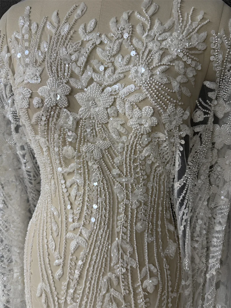 New White Super Luxury Wedding Dress Lace Fabric Heavy Bead Embroidery Mesh Gown Elegant Bridal Dress