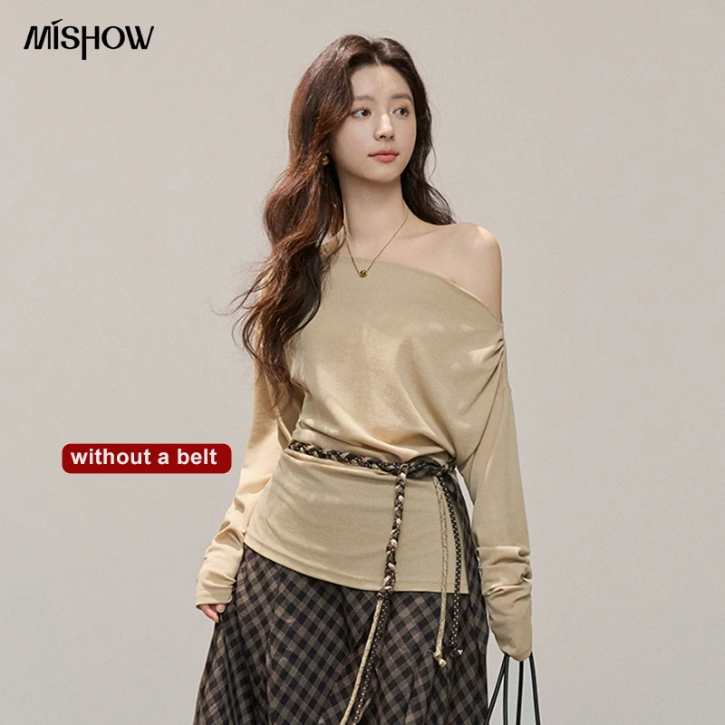 MISHOW Women Lyocell Wool Off Shoulder Knit Top 2026 Spring New Ruched Waist Slim Fit Elegant Casual Long Sleeve Tee MXF14Z3028