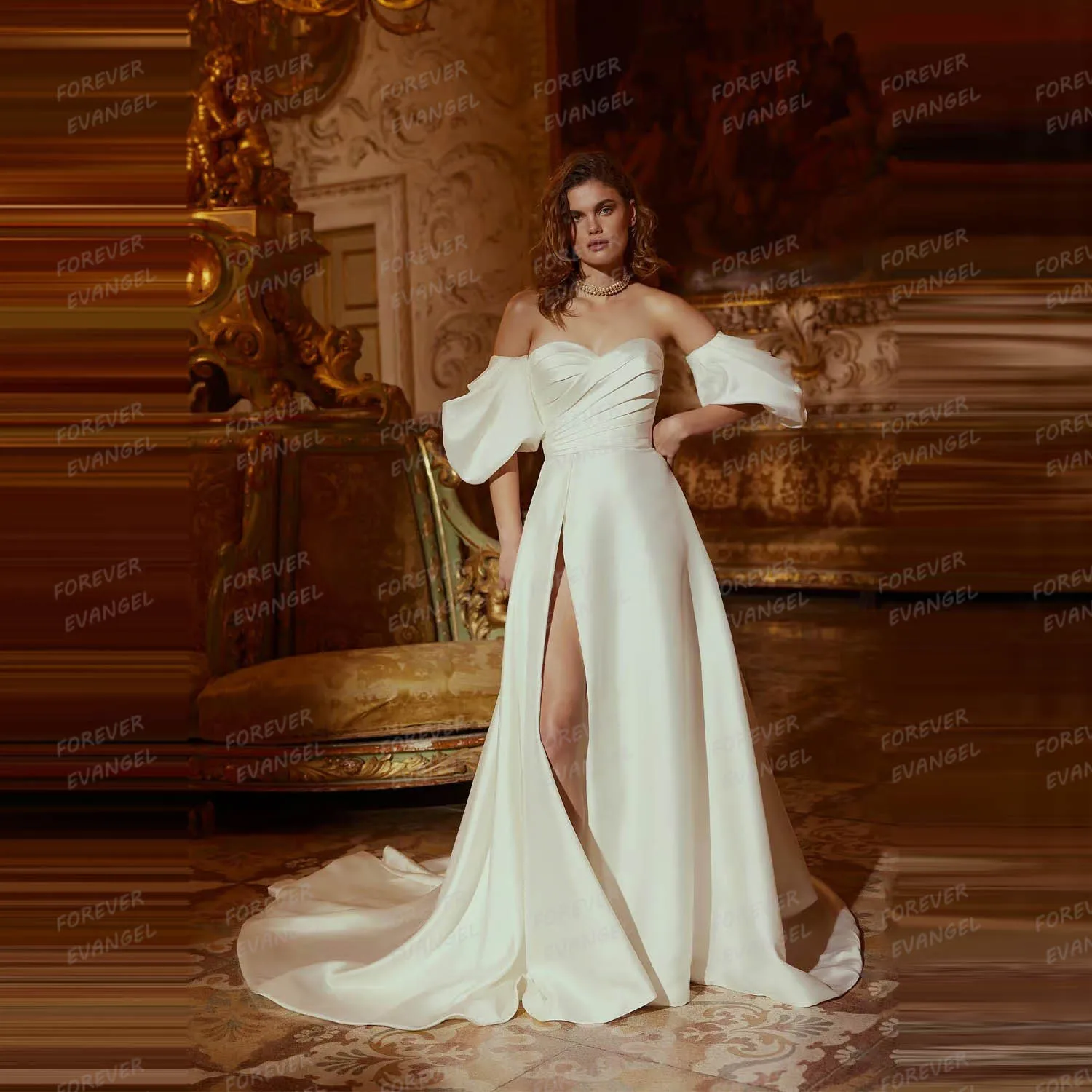 

Простые свадебные платья принцессы 2025, сексуальные женские платья трапециевидной формы с высоким разрезом, атласные платья с открытыми плечами, Vestidos De Novia по индивидуальному заказу