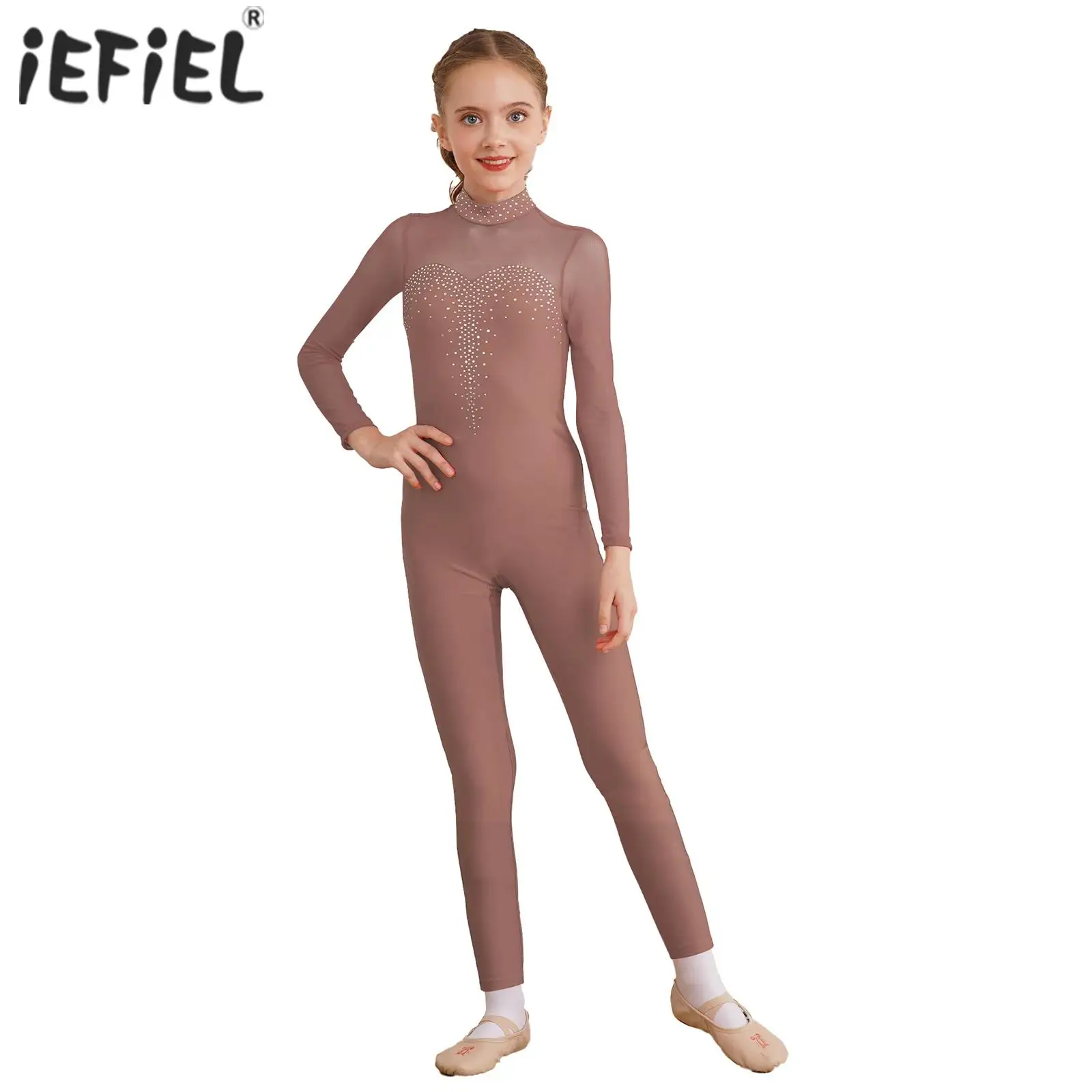 Girls Artistic Figure Skating Ballet Jersey Unitard Shiny Rhinestone Jumpsuit Rhythmic Gymnastics Dance Performance Costume