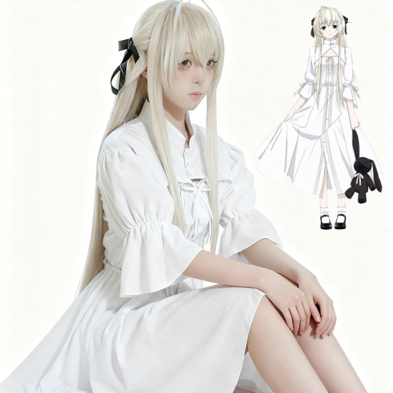 Disfraz de Anime Yosuga No Sora Kasugano Sora, disfraz de Cosplay blanco de Lolita, disfraz de Halloween para mujer, vestido de fiesta, peluca de conejito