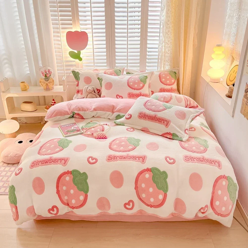 1pcs Winter Thicken Warm Short Plush Pink Strawberry Duvet Cover King Double Queen Size Double-side Coral Fleece Quilt Cover