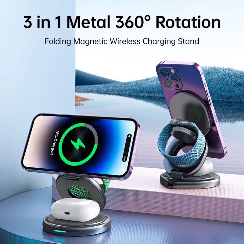 360°rotation 3-in-1 folding wireless charger cell phone magsafe magnetic desktop stand portable seat charger for apple iPhone15p