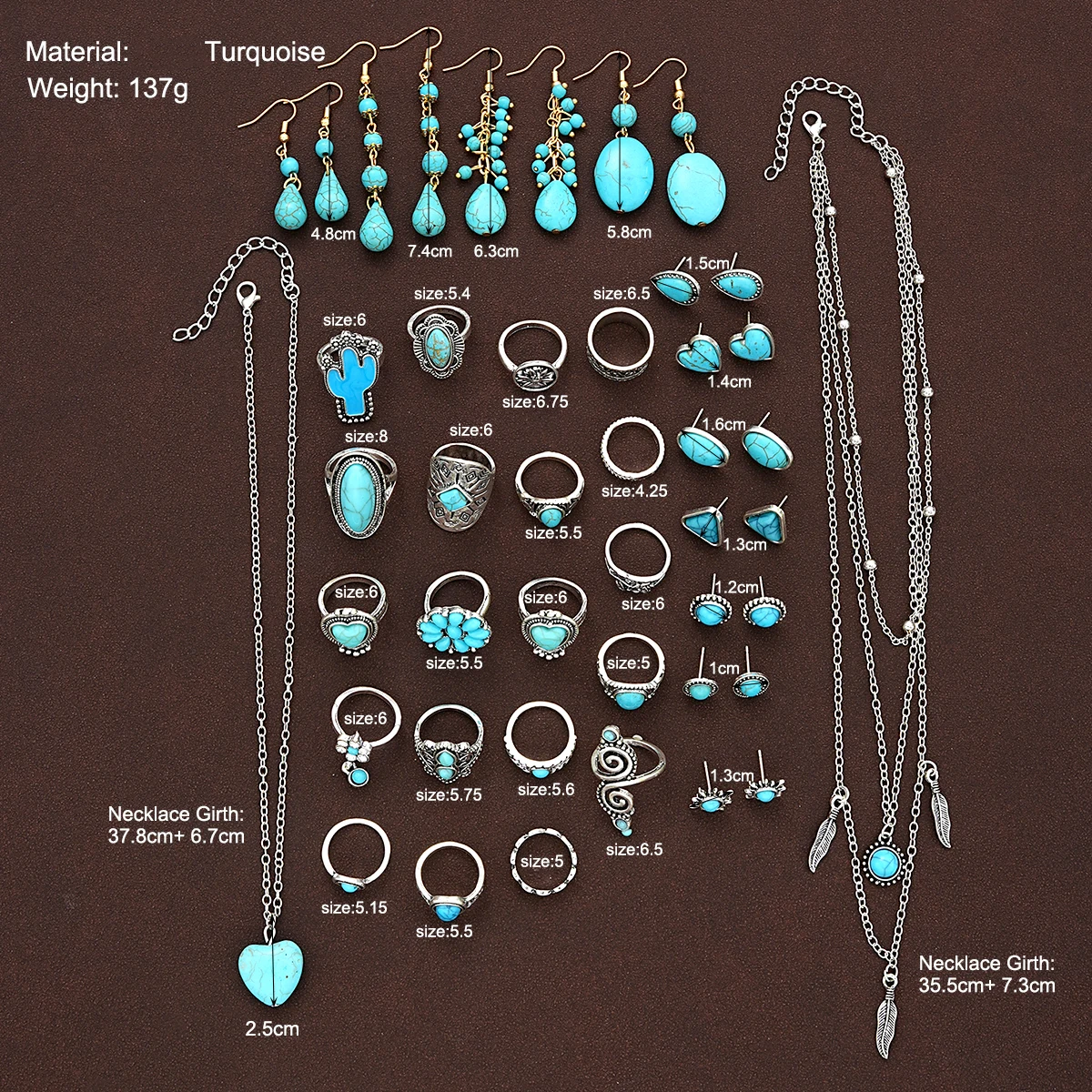 مجموعة مجوهرات فيروزية للنساء ، بوهيمية ، عباد الشمس ، القلب ، القرط ، الخاتم ، قلادة ، طبيعية ، هدية ، 44 av #6