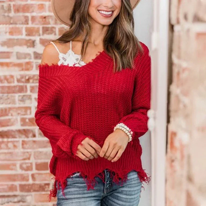 Hole Tassel Knitted Sweater for Women Autumn Ripped V-Neck Loose Sweater Pullovers Ladies Sexy off Shoulder Tassel Sweater Tops