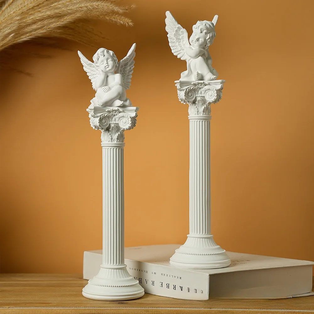 For Home Room Desktop Office Decoration Resin Angel Figurines with Roman Column Cherubs Statue Wings Sleeping Thinking Angle