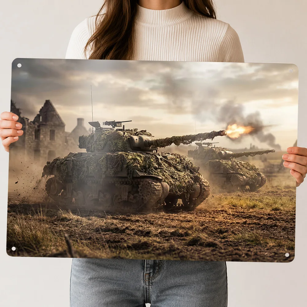 Camouflaged Tanks in Action Personalized 3D Textured Metal Poster Wall Art Tinplate Sign for Home Decoration Gaming House Decor