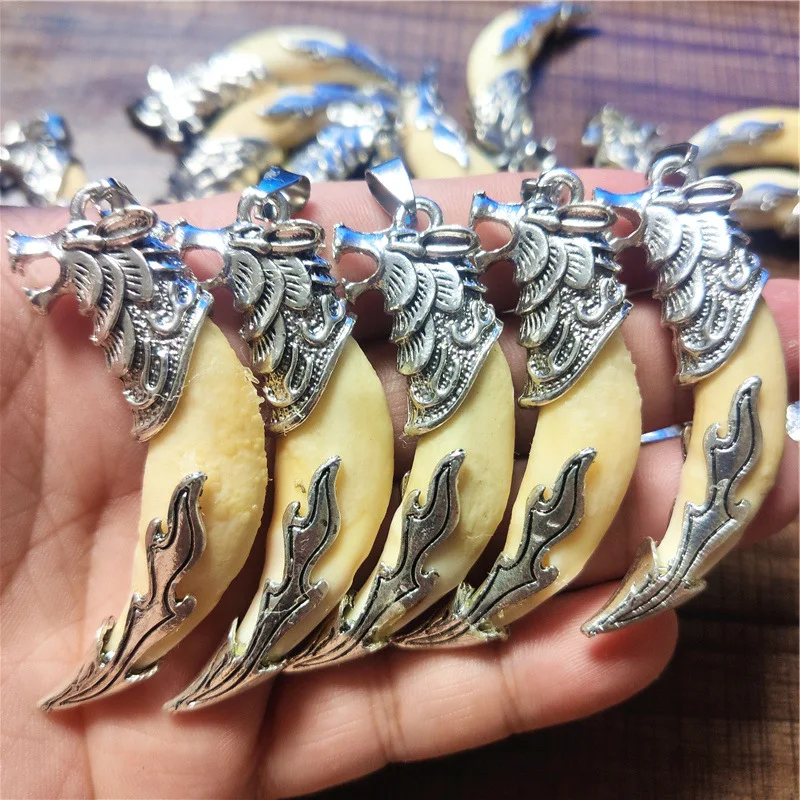 

Mai Chuang/Hand Carved/Antique Tibetan silver inlay Wolf Tooth Necklace Pendant Fashion Jewelry Men Women Couple Gift