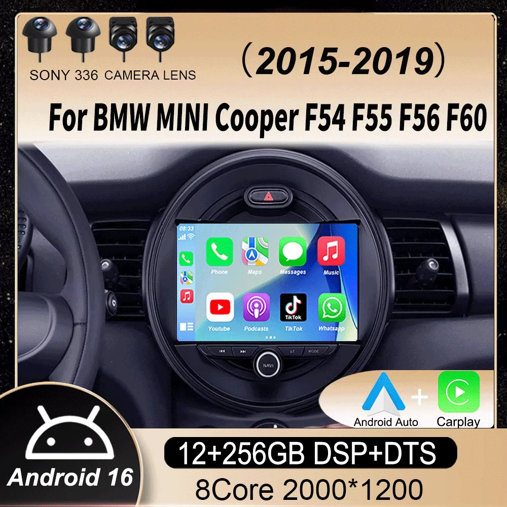Radio CarPlay con Pantalla 2K Android 16 para BMW MINI Cooper F54 F55 F56 F60 2015-2019, Reproductor Multimedia para Auto, Estéreo, GPS, 2Din