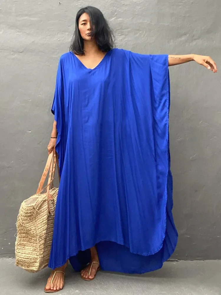 Beach Cover Ups for Swimwear Women Kaftans Tunic Solid Summer Maxi Dresses Batwing Sleeve Beachwear Outfits Dropshipping