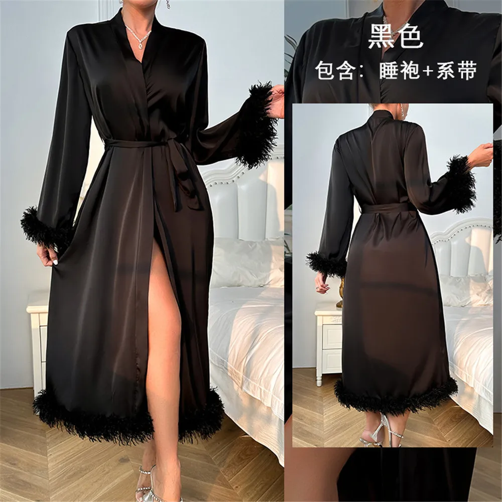 ريشة الكفة تقليم طويل كيمونو البشكير ثوب العروس حفل زفاف الجلباب وصمة عار الحرير الملابس الداخلية إهمال ملابس المنزل