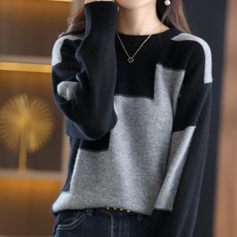 Women Patchwork Knit Warm Sweater Cashmere Long Sleeve Thermal Pullovers O-Neck Casual Loose Sweater Women Autumn Winter