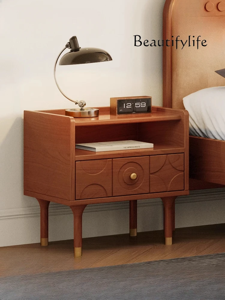 

American-Style Solid Wood Vintage Bedside Table Antique Style Small Apartment Bedroom Carved Storage Cabinet