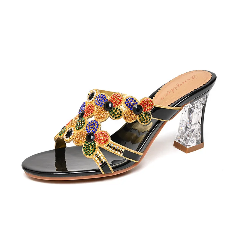 

2026 New 7.5cm Fashion Sandals Women's Diamond Sandals High Heel Slippers Non Slip Banquet Shoes Diamond Beach Shoes Women