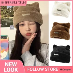 INS Cute Cat Ears Knitted Bonnets Hats for Women Imitation Mink Hair Hat Trend Women Winter Letter Standard Japanese Beanies Cap