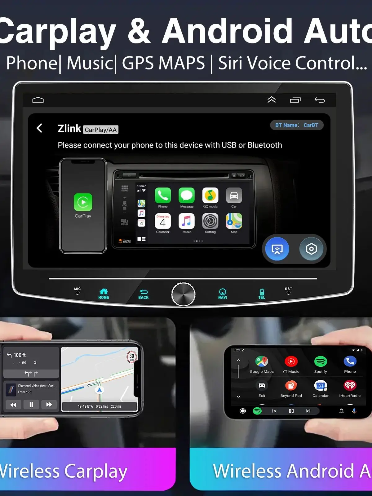 ESSGOO 6+128G 8core Android 14 10,1" drehbar Einzel 1 DIN Autoradio Stereo CarPlay 4G LTE GPS NAVI WiFi FM AM RDS Knopfsteuerung