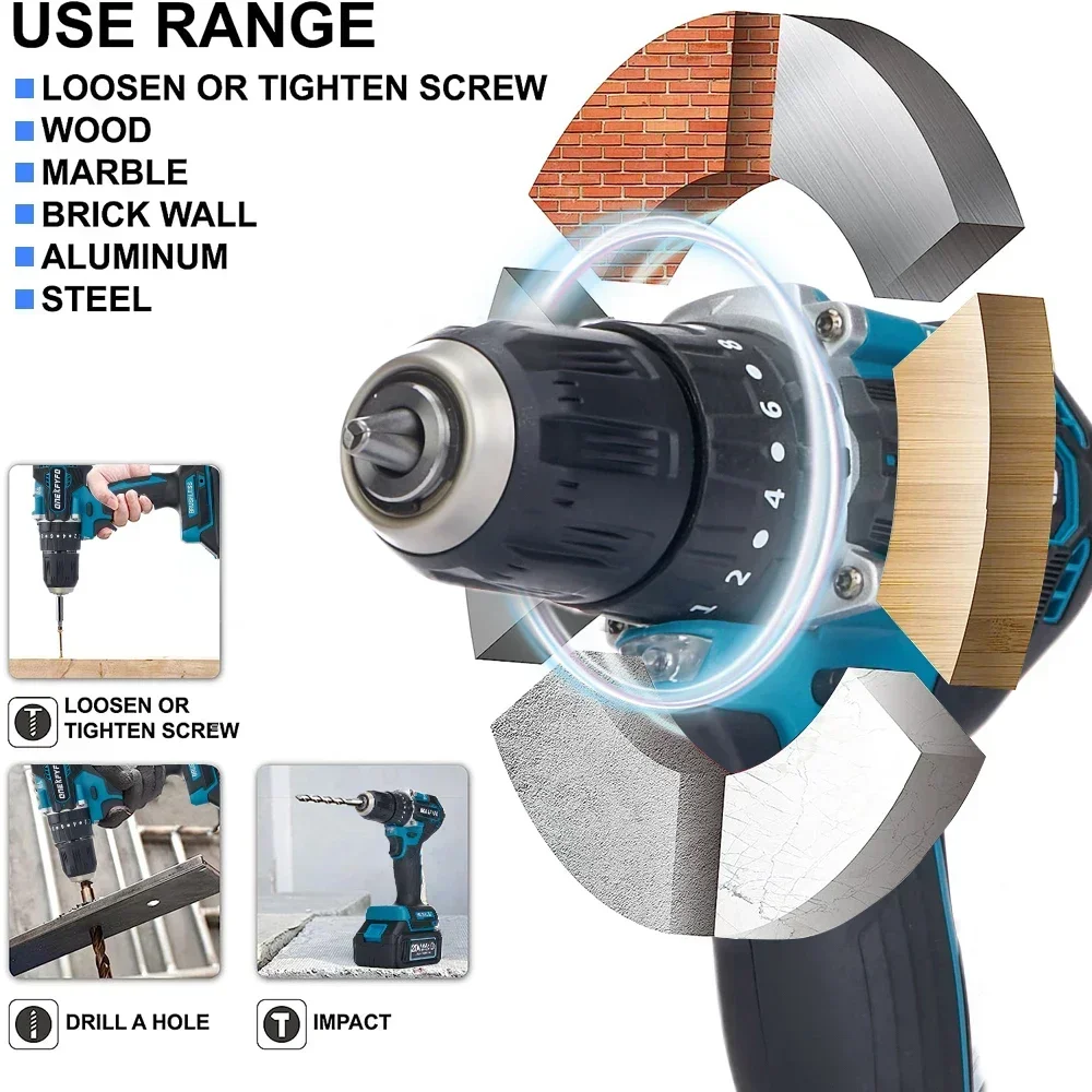 ブラシレスコードレスインパクトドリル,3 in 1,ドライバー10mm, 20 2トルク,Makkita 18v用ツール,バッテリーなし