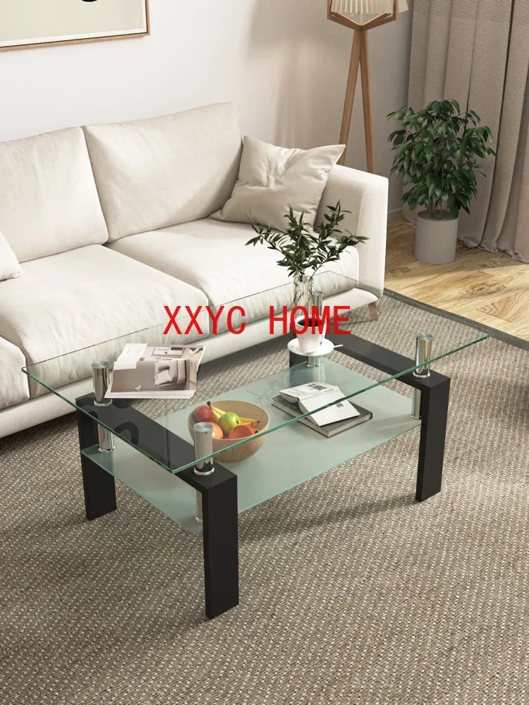 Hommoo Rectangular Glass Coffee Table, Wood Tempered Glass Top Coffee Table Rectangular W/ Shelf Home Furniture, Center Tabl