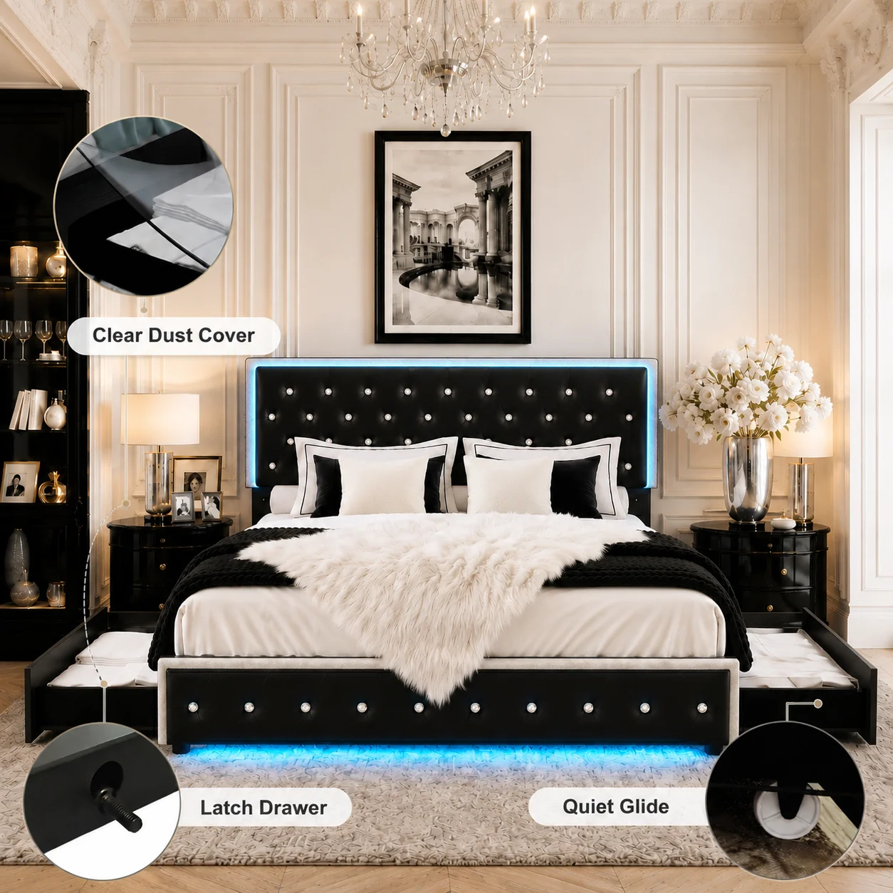 Sibeds Queen Size Bed Frame with LED Lights , King Size with 2 Drawers, Full Bed Crystal Button Tufted Headboard, Solid Slats, Noise Free, No Box Spring Needed, Easy Assembly，PU & Velvet view 6