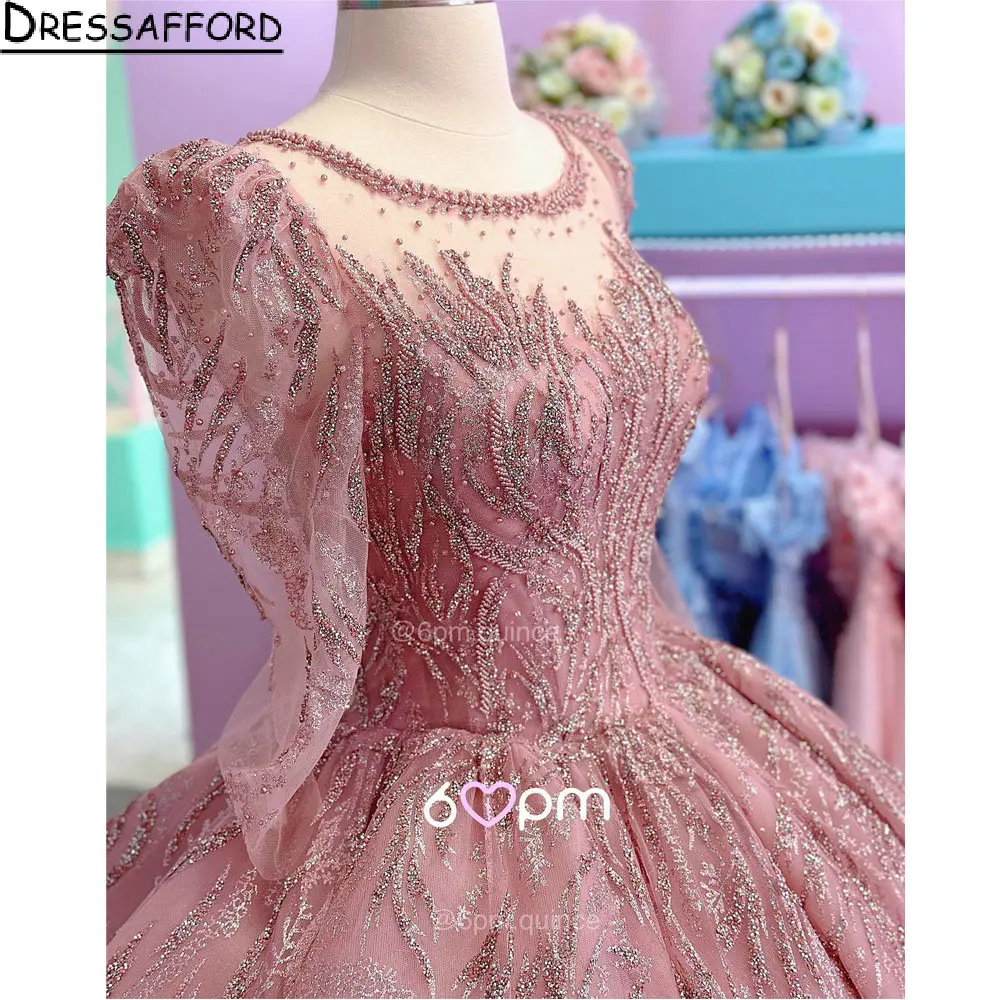 Rosa Glitter Perlen Perlen Ballkleid Quinceanera Kleider Illusion Langarm Pailletten Kristall Korsett Vestidos Para XV Años