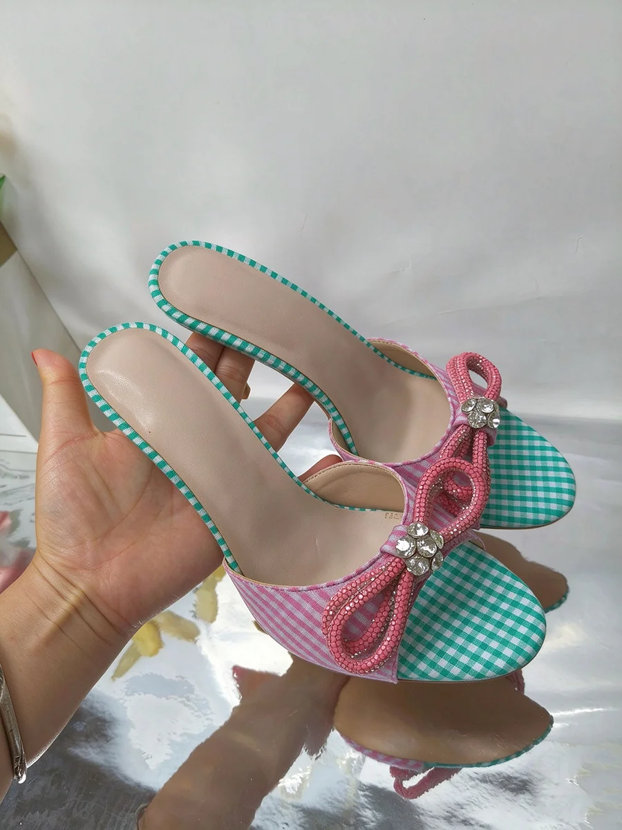 Women Pink Green Gingham Stiletto Mules Rhinestone Bow Open Toe Slide Sandals Summer Party High Heel Slippers