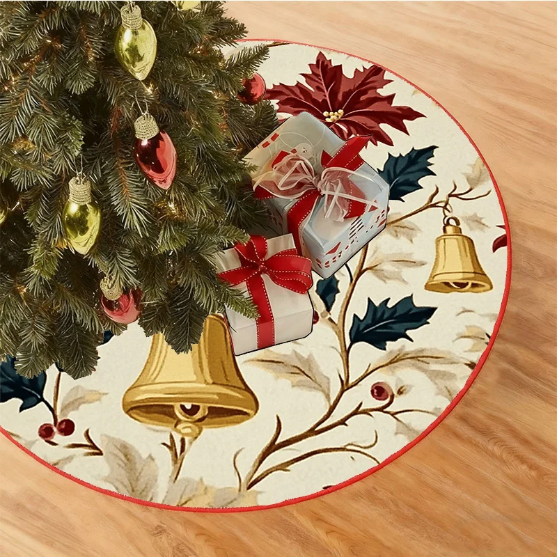VIKAMA Falda de árbol de Navidad Sala de estar Decoración navideña Hoja de acebo Patrón de campana de bayas Cojín de falda de árbol de Navidad