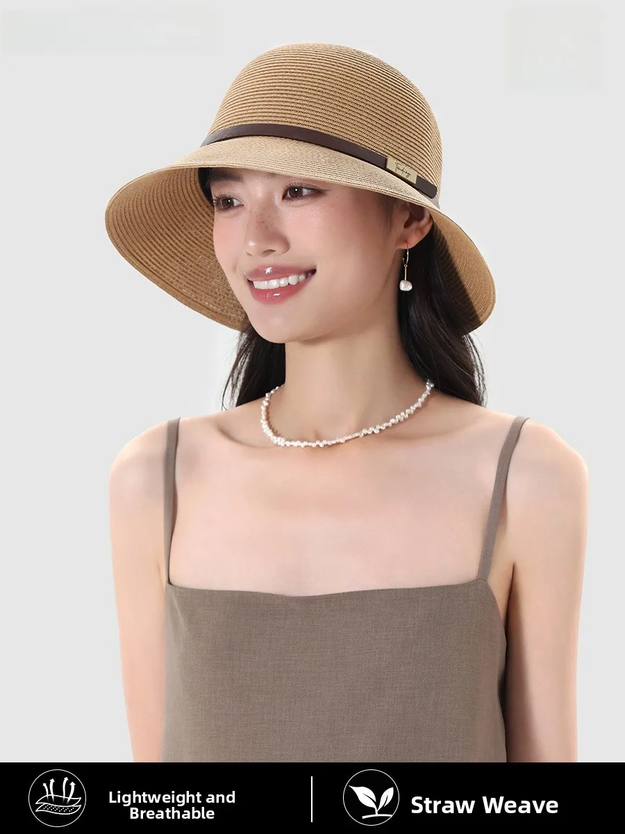 sallada-レディース-麦わら帽子-夏-日焼け防止-フィッシャーマン-ワイドブリム-ベルト装飾-フェイススリミング-ホリデー-バケットハット