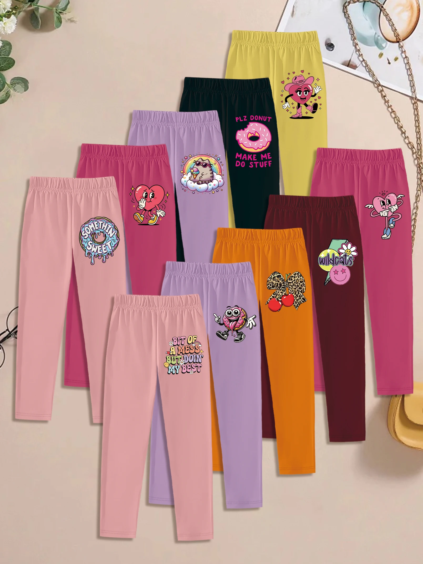 

10 шт.: Осенние милые милые леггинсы для девочек — принт в виде сердца, кошки и пончиков с мультяшным принтом