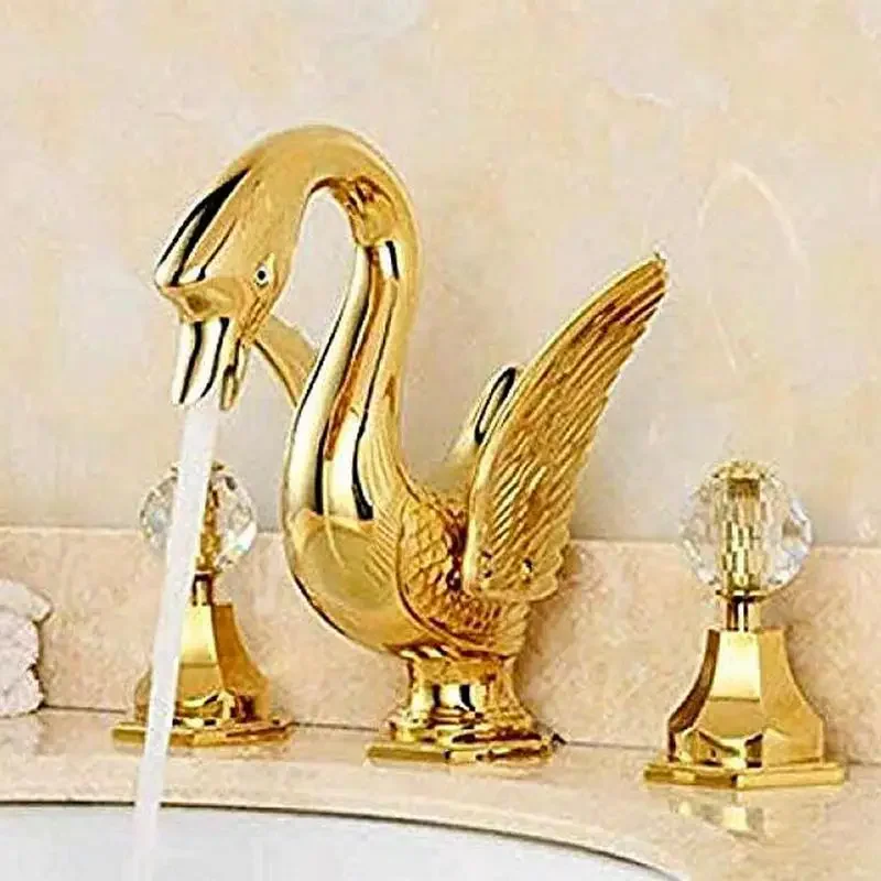 Golden Basin Faucet swan Style Widespread Bathroom Basin Sink Bathroom Mixer Tap Dual Handle Crane Animal Shape Mixer Tap