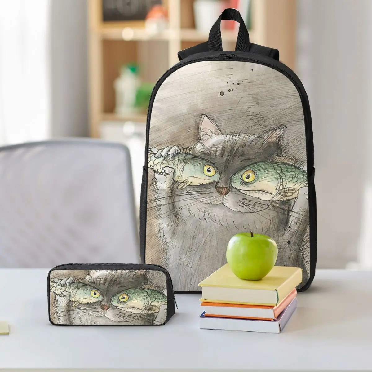 Funny Cats And Fishes Backpack Student BookBag School Bag Shoulder Bags 3ps Insulated Lunch Bag Pencil Case