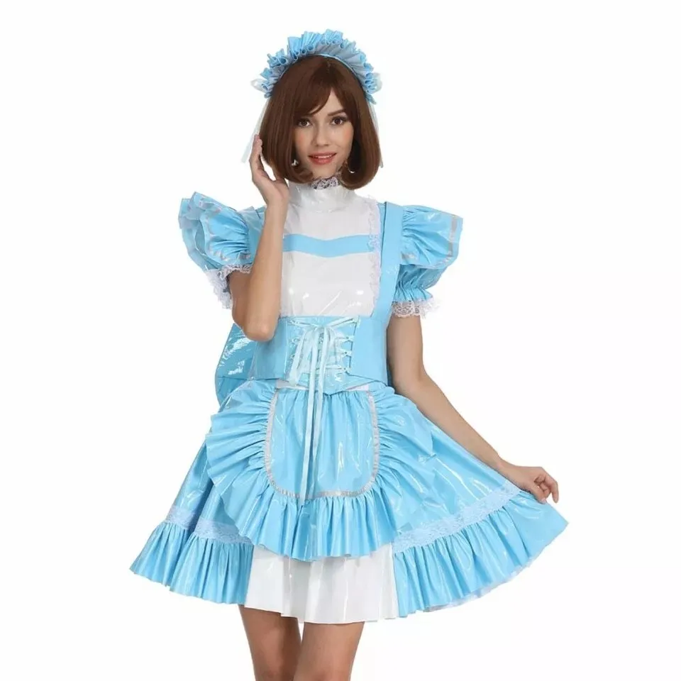 Sissy Blue PVC Dress French Maid Lockable Cosplay Halloween Costume Ball Party Customized