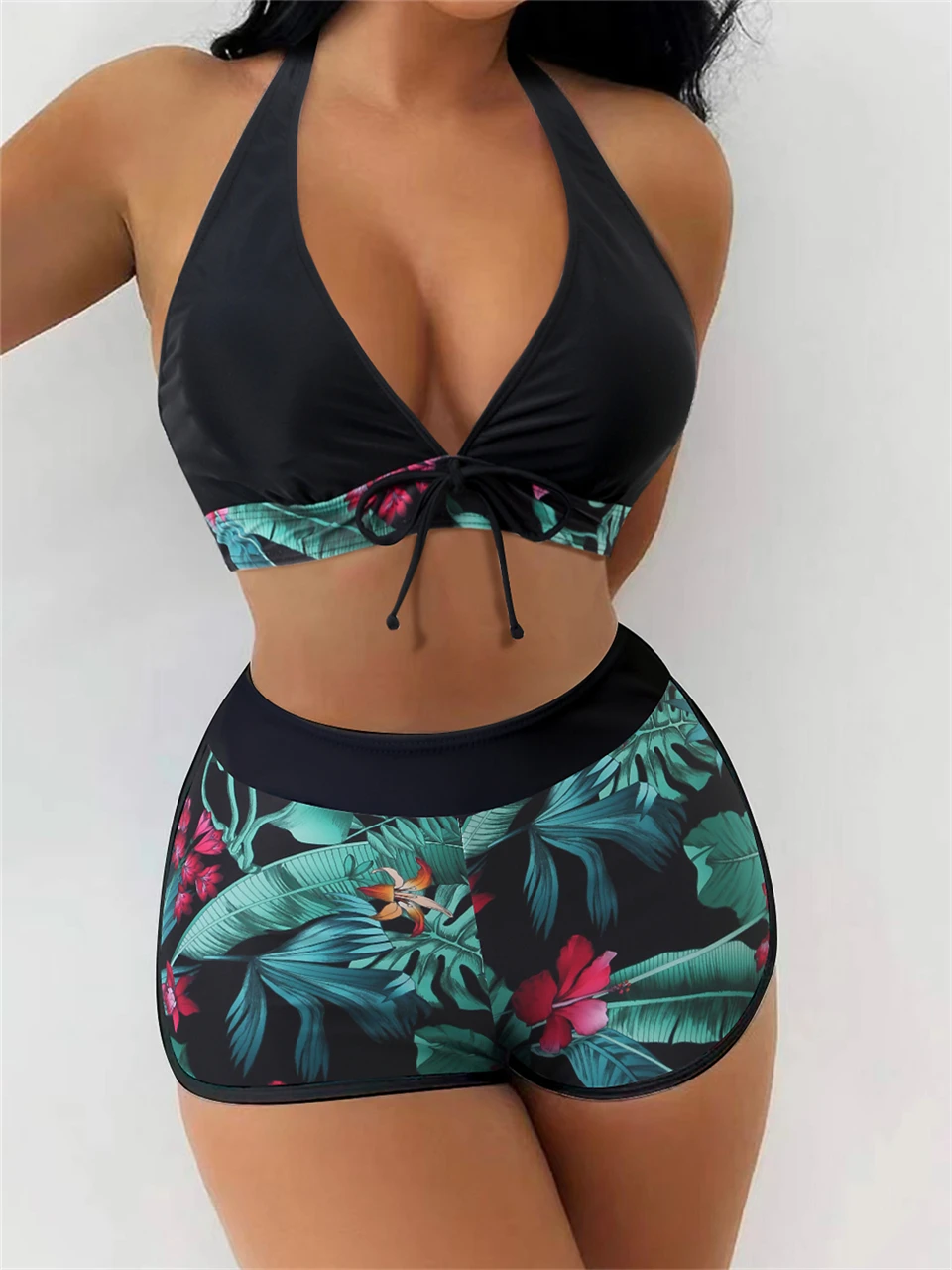 Halter Bikini Set 2024 Short Swimsuit Women High Waist Swimwear Female Printed Bathers Bathing Swimming Suit Beachwear Summer