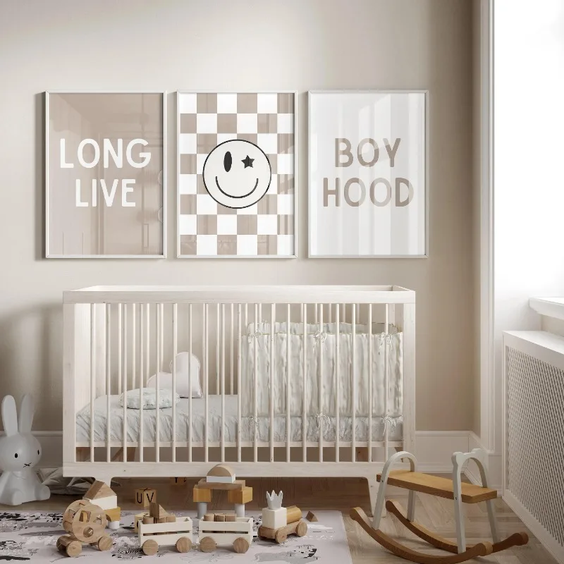 Neutral Nursery Wall Art Checkered Toddler Poster for Baby Boys Room Decor with Surfer Shaka Sign Lightning Bolt Kids Design