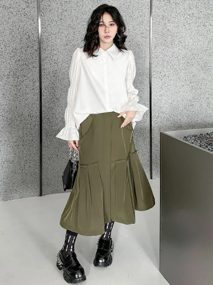 [EAM] Women White Big Size Casual Blouse New Lapel Long Lantern Sleeve Pleated Shirt Fashion Tide Spring Autumn 2024 1DH4459