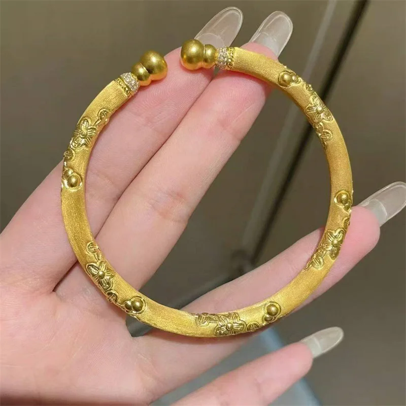 

24K Au999 Pure Gold Double Gourd Embroidery Bracelet Women Vintage Diamond Inlaid Full Gold Bangle Luxury Jewelry Gift