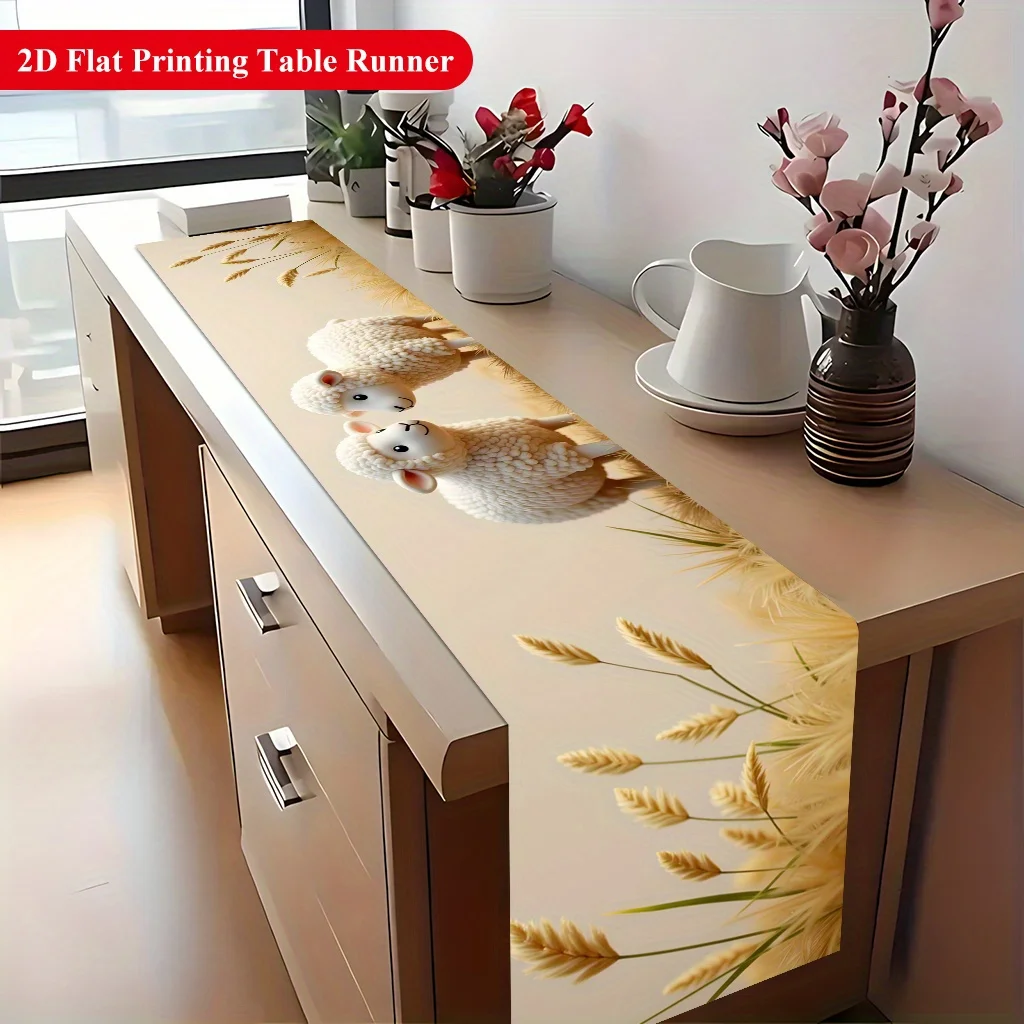 1pc 2D Flat Table Runner, Sheep Standing on Grass Printed Rectangle Table Runner, Decor for Dining Table, Coffee Table, Kitchen