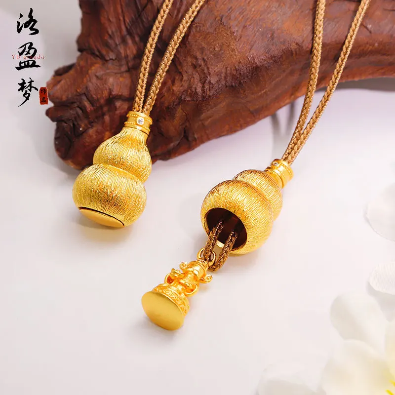 Gold-Plated Copper God of Wealth Gourd Pendant New Chinese Style Lucky Brushed Fortune Buddha Sweater Chain Pendant