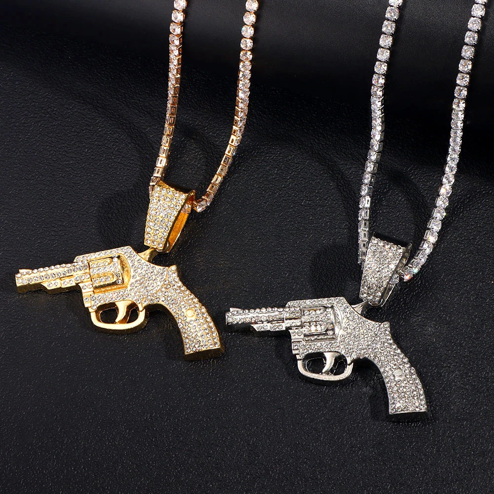 Punk Hip Hop Micro Pave Pistol Pendant Necklace For Men Women Iced Out Bling Gun Necklaces Tennis Rope Cuban Chain Trend Jewelry view 6
