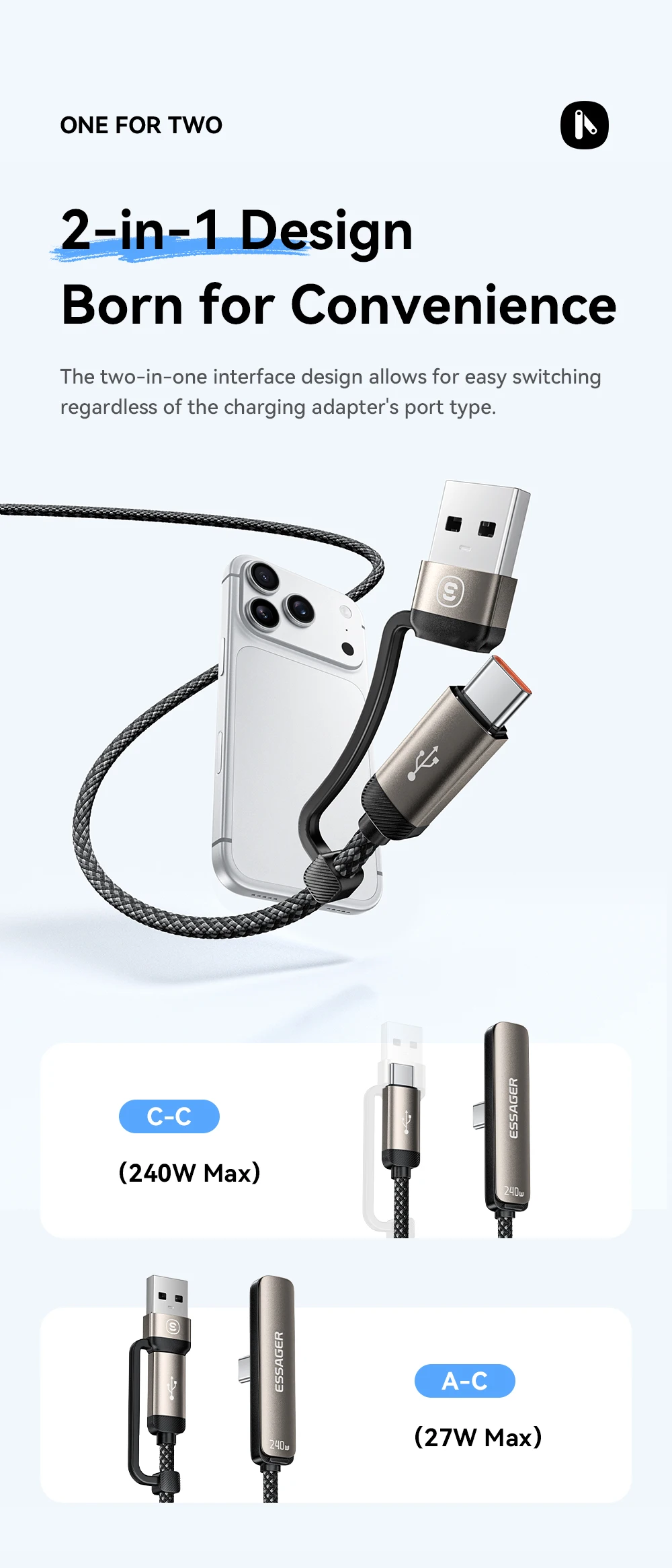 Essager 2-in-1 240W USB-C-Kabel mit Telefonständer für iPhone 17 16 Pro Max iPad Typ-C-Kabel für Macbook Xiaomi Samsung S25 – Detail 4