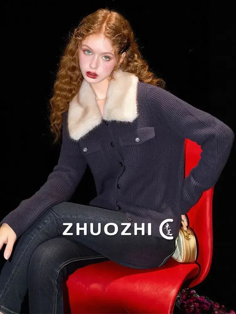 

Вязаная куртка ZhuoZhi с отстегивающимся меховым воротником, женская повседневная теплая верхняя одежда, осенняя новинка, приталенный крой, на пуговицах