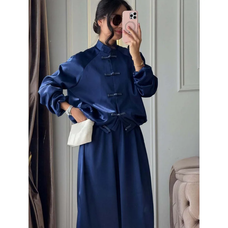 QICHE Women Hot‑Sell Chinese Style Satin Matching Set Frog Buttons Drawstring Flowy Wide Leg Trousers 2‑Piece Outfit